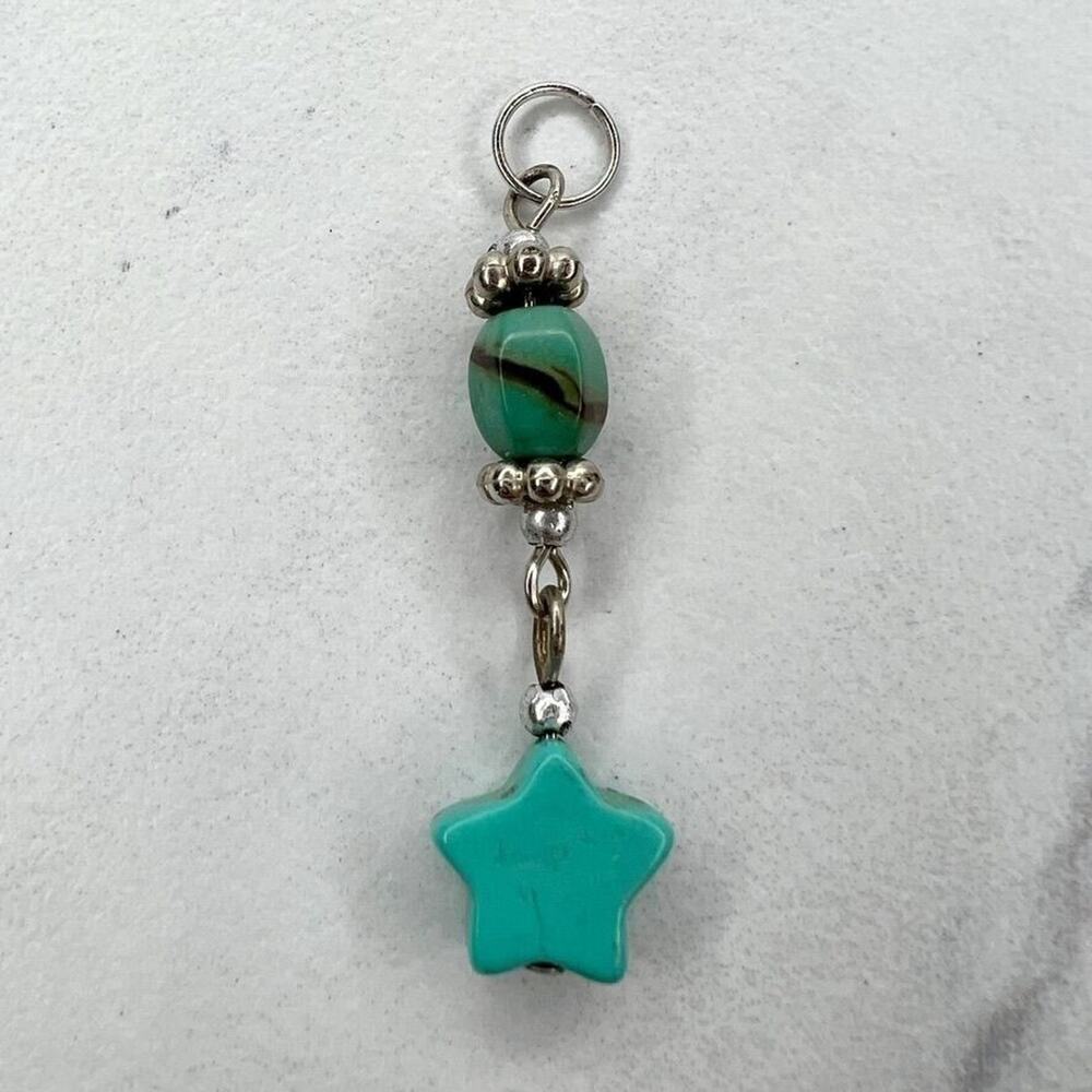 Faux Turquoise Star Beaded Silver Tone Upcycled Pendant